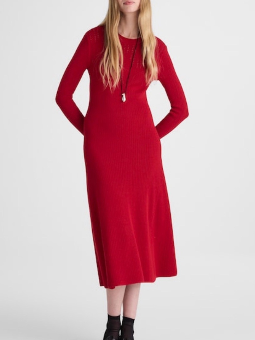 Madewell SzS Red Knit Crew Neck Long Sleeve Ribbed Stretch Midi
Dress NWT